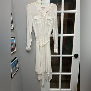 Nanette Lepore sheer white shirt dress with hi-low hem, stretch waist with tie 4